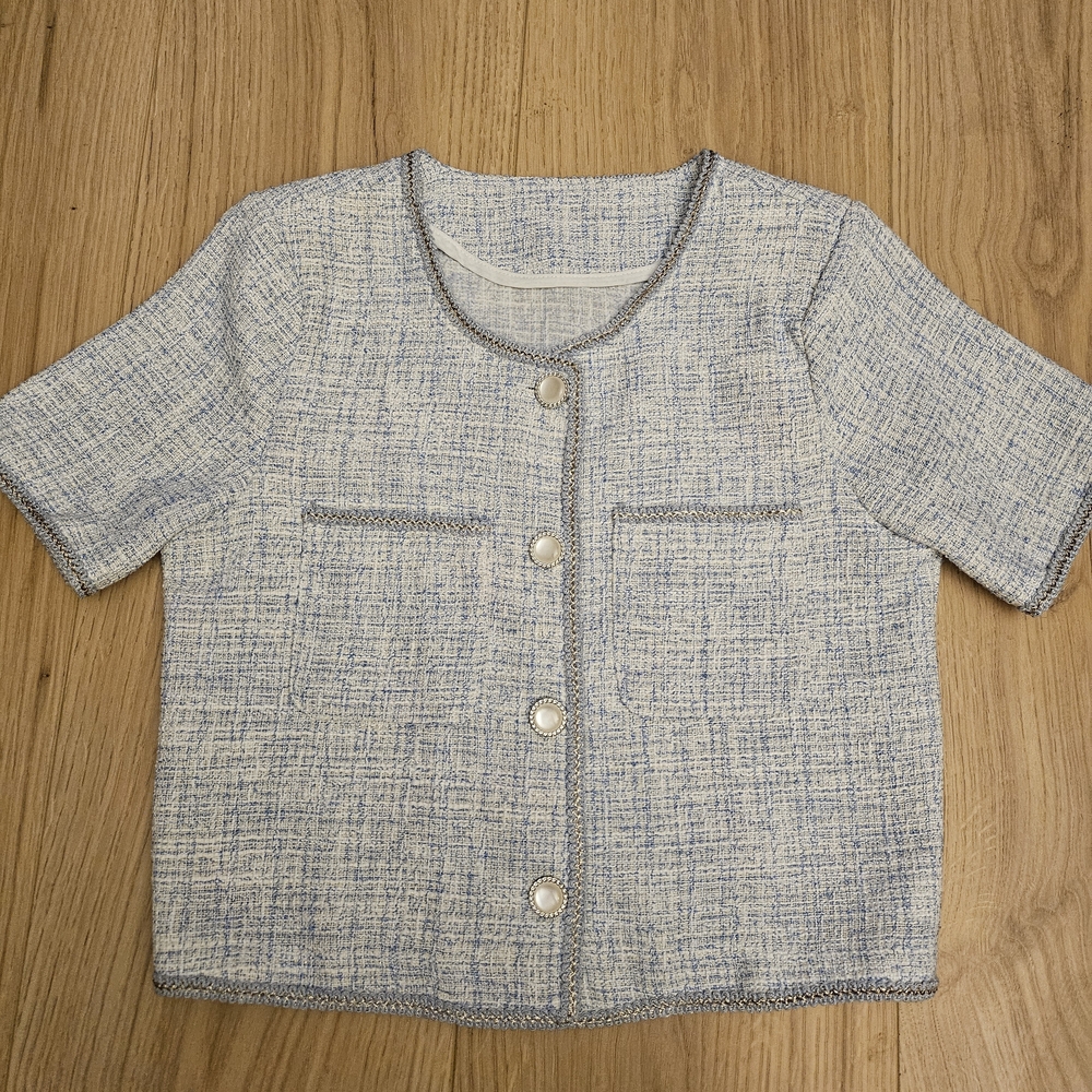Chic Blue and White Tweed Jacket